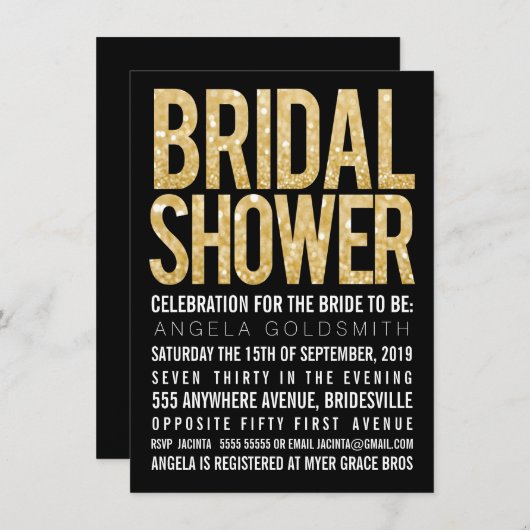 Brautparty Gold Glitzer Schwarz & Weiß Einladung (Vorne/Hinten)