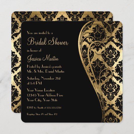 Brautparty Gold Leaf Schauen Damask Scroll laden Einladung (Vorne/Hinten)