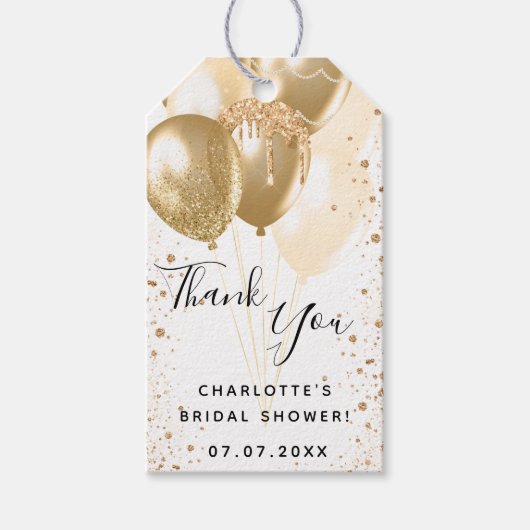 Brautparty gold weißer Glitzer Ballon Danke Geschenkanhänger (Vorderseite)