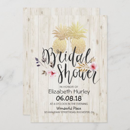 Brautparty Golden Pineapa Couple Rustikales Holz Einladung (Vorne/Hinten)