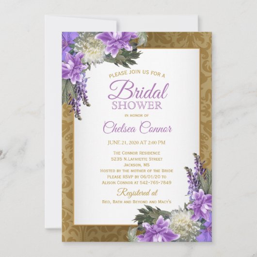 Brautparty - Goldene Damaske und Lavendel Lila Einladung (Vorderseite)