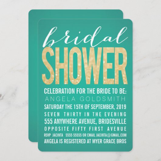 Brautparty-GoldGlitzer-SmaragdParty lädt ein Einladung (Vorne/Hinten)