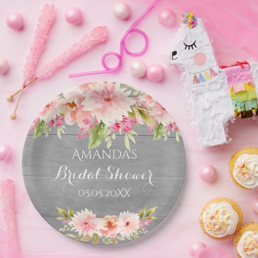 Brautparty grau rosa Blume rustikal Pappteller (Party)