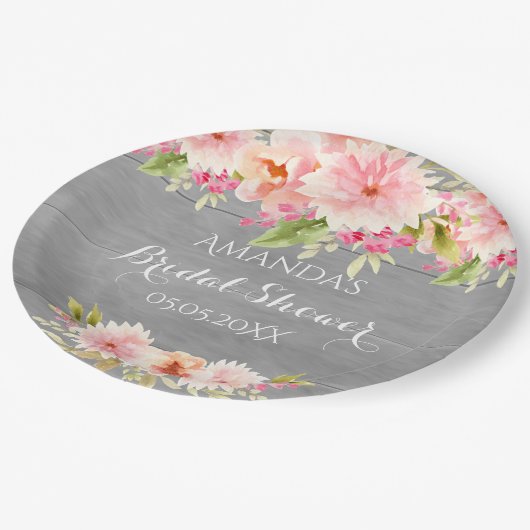 Brautparty grau rosa Blume rustikal Pappteller (Schrägansicht)