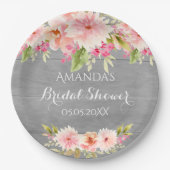 Brautparty grau rosa Blume rustikal Pappteller (Vorderseite)
