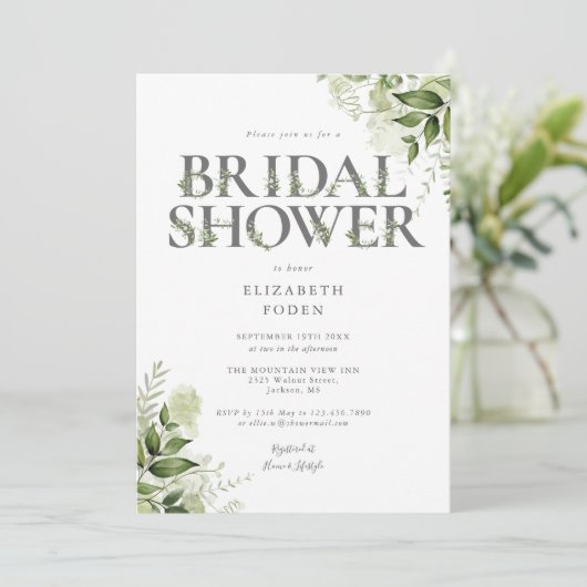 Brautparty Greenery Letter Monogram Einladung (Stehend Vorderseite)