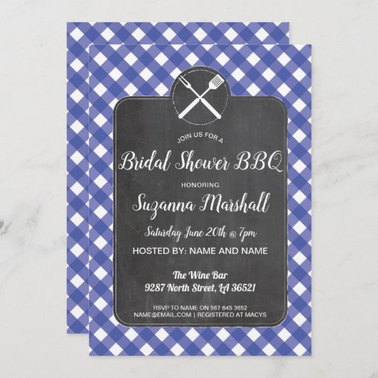 Brautparty GRILLEN Invite Blue Gingham Chalk Einladung (Vorne/Hinten)