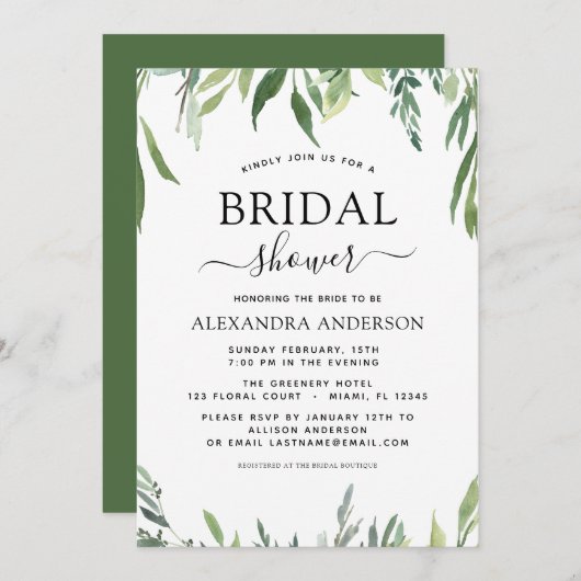 Brautparty Grüne Botanische Wasserfarbe Einladung (Vorne/Hinten)