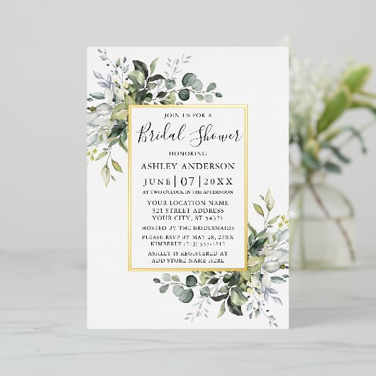 Brautparty Grüne Wasserfarbe Grün Gold Sage Green Folieneinladung (Stehend vorne)