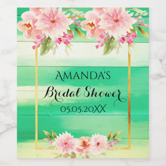 Brautparty grünes Holz Rosa Blume rustikal Weinetikett (Einzelnes Label)