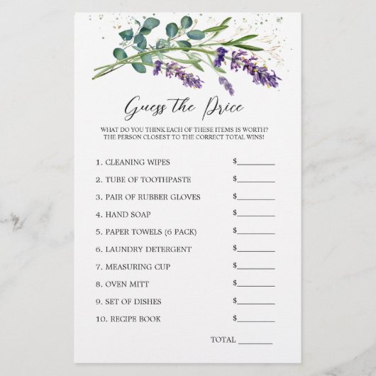 Brautparty Guess Price Game Lavender Eukalyptus Briefpapier (Vorderseite)