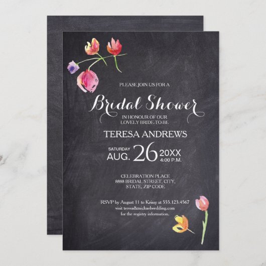 Brautparty, Halbpension, Wasserfarbe Blume Einladung (Vorne/Hinten)