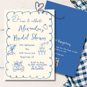 Brautparty Hand Drawn Blue Cream Whimsical Einladung