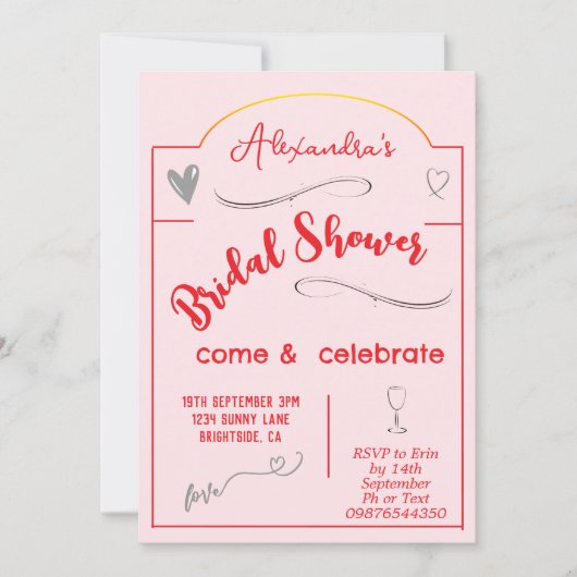 Brautparty Hand geschrieben Rosa Herz Einladung (Vorderseite)