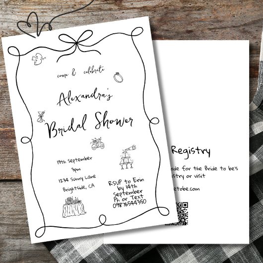 Brautparty Hand gezogen einfache schwarze Whimsika Einladung