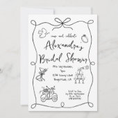 Brautparty Hand gezogen Schwarz-weiß Whimsical Einladung (Vorderseite)