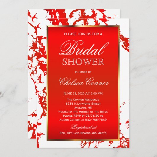 Brautparty - heller roter Marmor, Weiß u. Gold Einladung (Vorne/Hinten)
