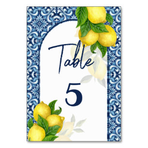 Brautparty Hochzeit blau und Fliesen Zitrone Amalf Tischnummer