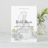 Brautparty Hochzeitskleid Elegante Blaue Flora Einladung (Stehend Vorderseite)