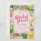 Brautparty | Hübsch Gelbrosa Flora+Streifen Einladung (Vorderseite)