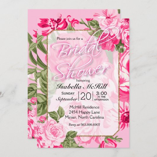 Brautparty - Hübsch rosa Rose Einladung (Vorne/Hinten)