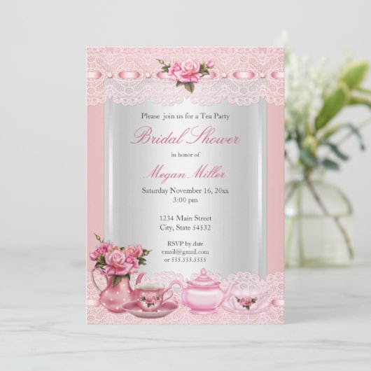 Brautparty Hübsch Rosa Rosen Hoher Tee Party Einladung (Stehend Vorderseite)