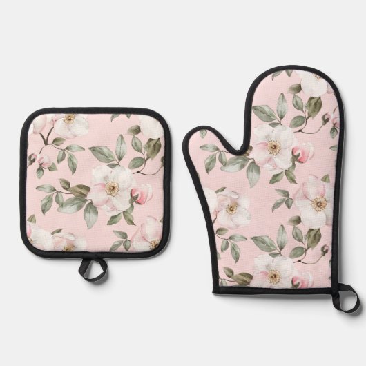 Brautparty hübsch rosa Weiße Blume Ofenhandschuh & Topflappen-Set (Vorderseite)
