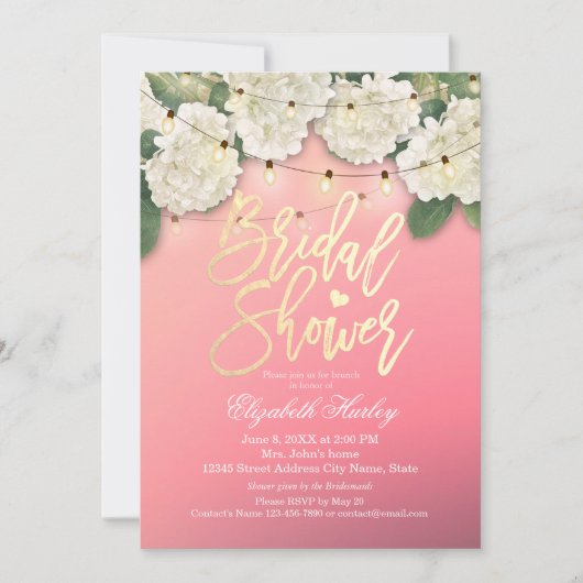 Brautparty Hydrangea Blume String Lights Pink Einladung (Vorderseite)
