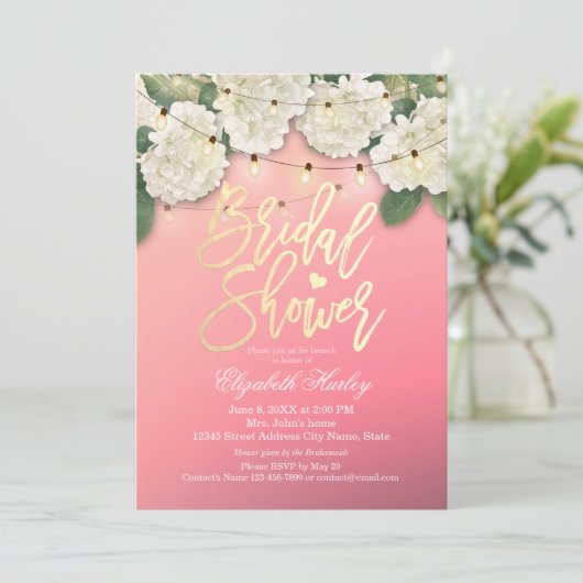 Brautparty Hydrangea Blume String Lights Pink Einladung (Stehend Vorderseite)