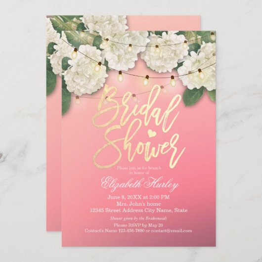 Brautparty Hydrangea Blume String Lights Pink Einladung (Vorne/Hinten)