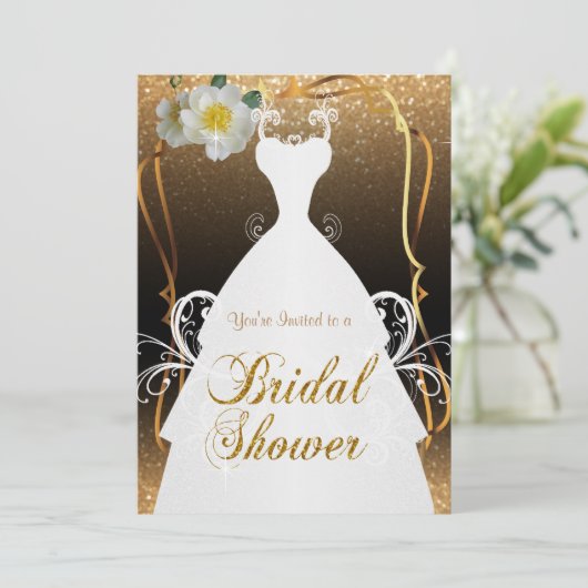 Brautparty im GoldGlitzer und in den weißen Blumen Einladung (Stehend Vorderseite)