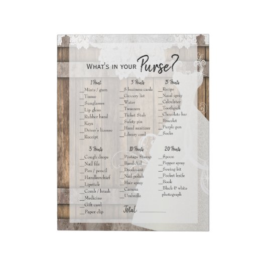 Brautparty im Rustikalen Holz- und Weißspitzenspie Notizblock (Rotiert)