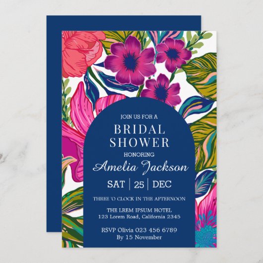 Brautparty in Aquarelltönen und botanisch-rosa Einladung (Vorne/Hinten)