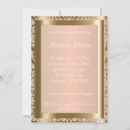 Brautparty in Metallic, Gold und Rosa Einladung (Rückseite)