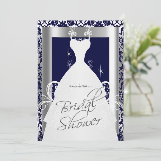 Brautparty in Navy Blue 2 Damask und Silver Einladung (Stehend Vorderseite)
