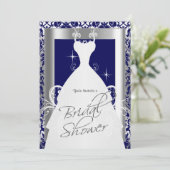 Brautparty in Navy Blue Damask und Silver Einladung (Stehend Vorderseite)