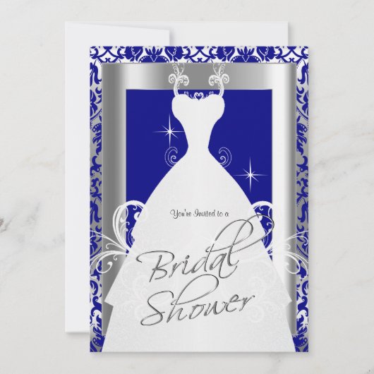 Brautparty in Royal Blue Damask und Silver Einladung (Vorderseite)
