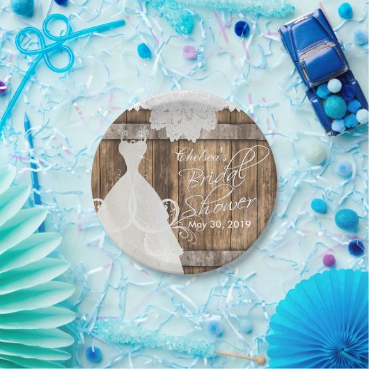 Brautparty in rustikalem Holz und Spitzen Pappteller (Party)