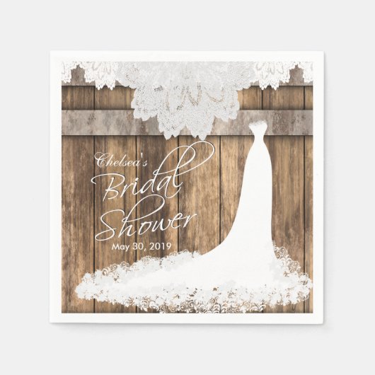 Brautparty in rustikalem Holz und Weißen Spitzen Serviette (Vorderseite)