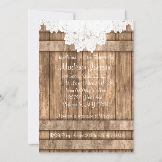 Brautparty in rustikalem Leichtholz und Spitzen Einladung (Rückseite)