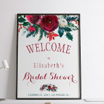 Brautparty in weinbordeauxfarbenem  poster<br><div class="desc">Eleganter,  roter Bordeaux und weiße Pfannkuchen im Winterbouquet mit Kieferngrauen,  saisonalen Tannenzweigen,  roten Beeren und Brautparty Begrüßungsschild auf weißem Hintergrund. Ideal für ein stilvolles,  rustikales Brautparty Party.</div>