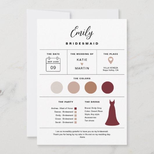 Brautparty Info Card, Bridesmaid Attraktion Einladung (Vorderseite)
