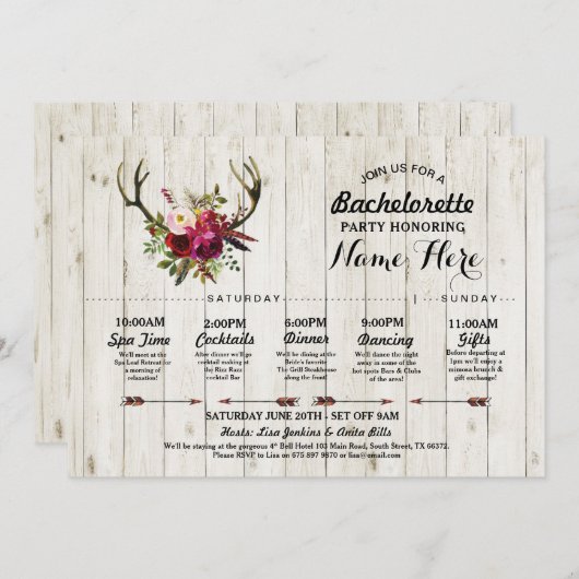 Brautparty Itinerary Bachelorette Antler Rustikal Programm (Vorne/Hinten)