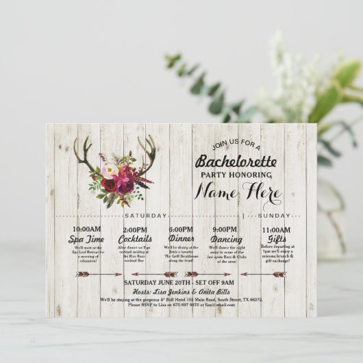 Brautparty Itinerary Bachelorette Antler Rustikal Programm (Stehend Vorderseite)