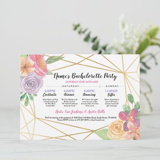 Brautparty Itinerary Bachelorette Goldrahmen Einladung (Stehend Vorderseite)