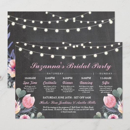 Brautparty Itinerary Bachelorette Pink Floral Programm (Vorne/Hinten)