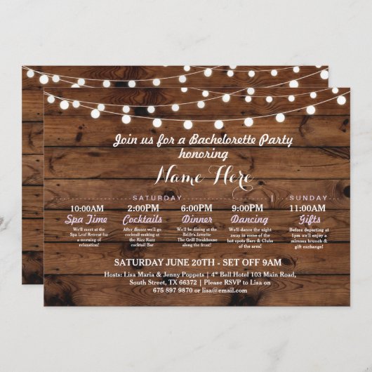 Brautparty Itinerary Bachelorette Rustikale Lichte Einladung (Vorne/Hinten)