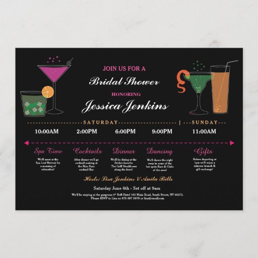 Brautparty Itinerary Black & Pink Bachelorette Programm (Vorderseite)
