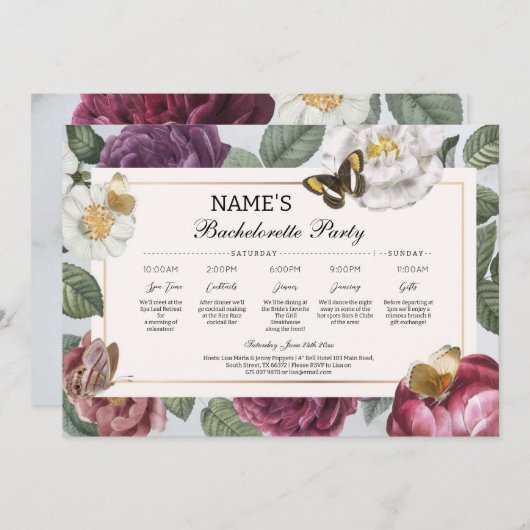 Brautparty Itinerary Bloom Floral Butterfly Einladung (Vorne/Hinten)