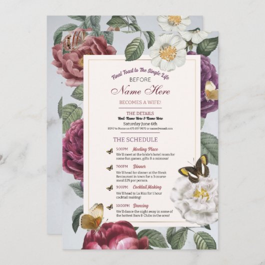 Brautparty Itinerary Bloom Floral Butterfly Programm (Vorne/Hinten)